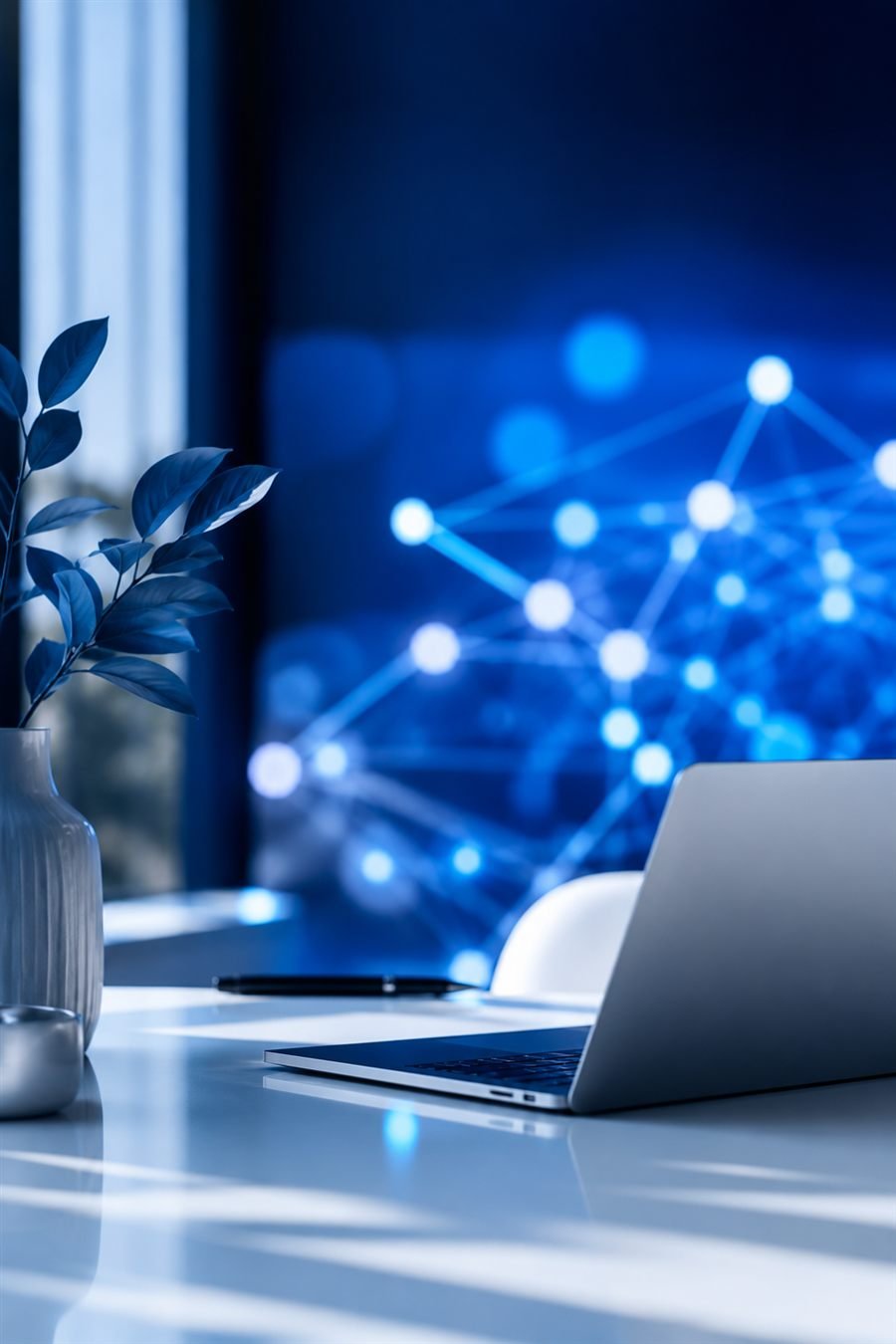 Laptop open on a desk beside a plant, with a glowing blue network graphic in the background